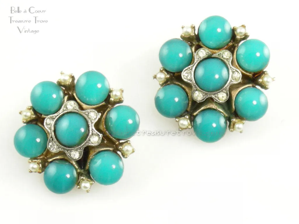 Signed HAR Turquoise Flower Bouquet Brooch and Earrings Demi Parure