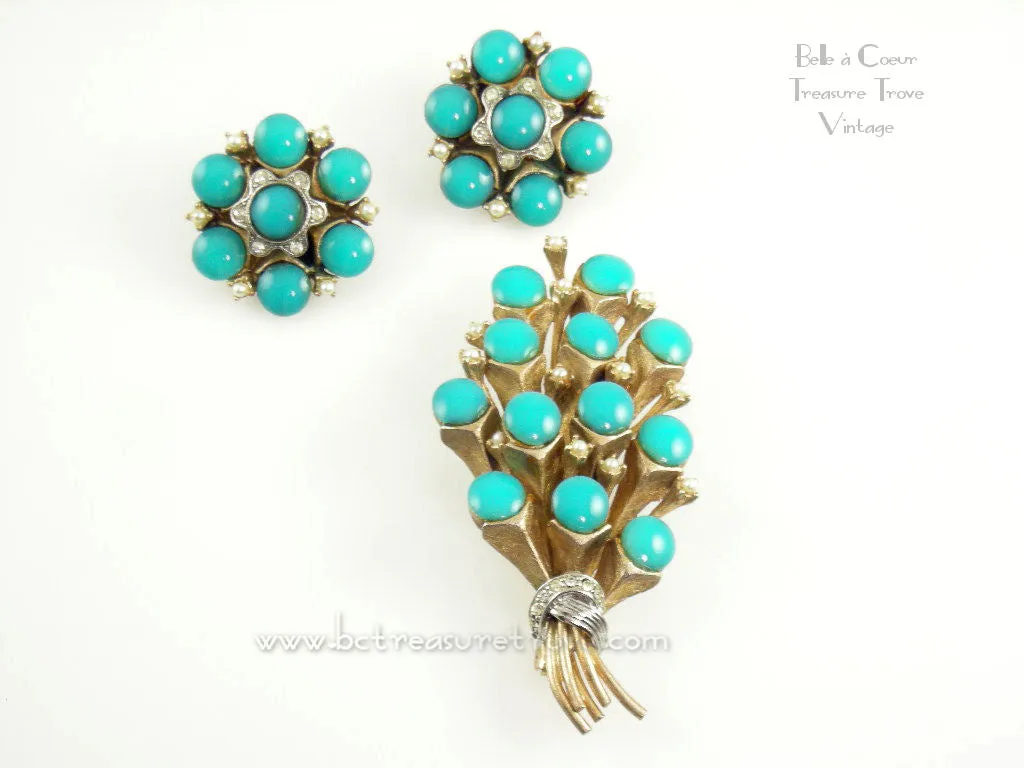 Signed HAR Turquoise Flower Bouquet Brooch and Earrings Demi Parure