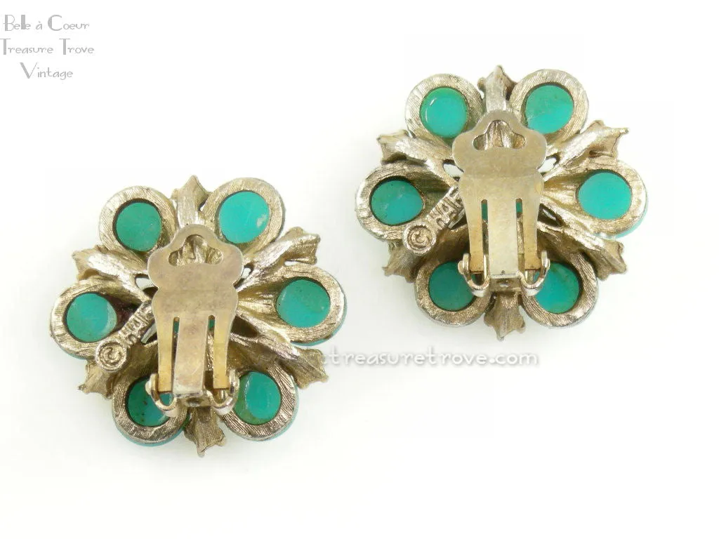 Signed HAR Turquoise Flower Bouquet Brooch and Earrings Demi Parure