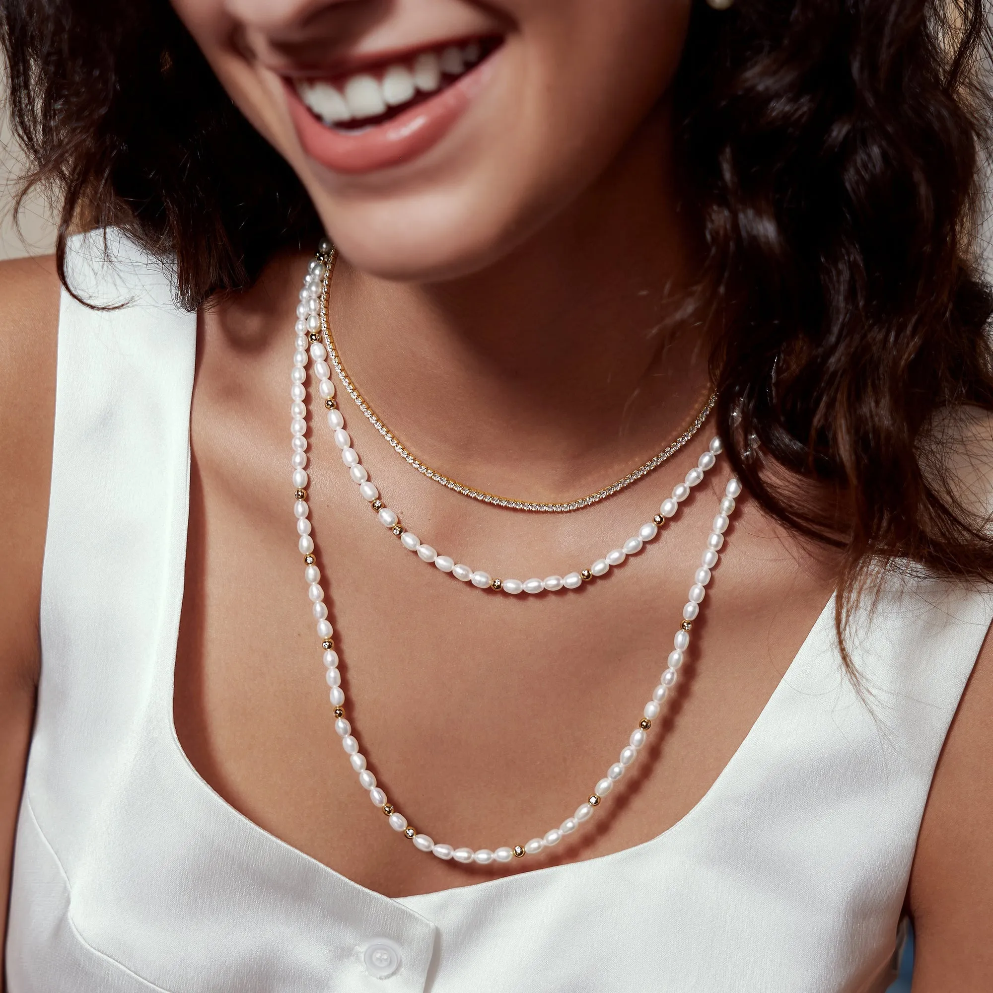 Silver Freshwater Pearl and White Cubic Zirconia Bezel Set Slider Necklace