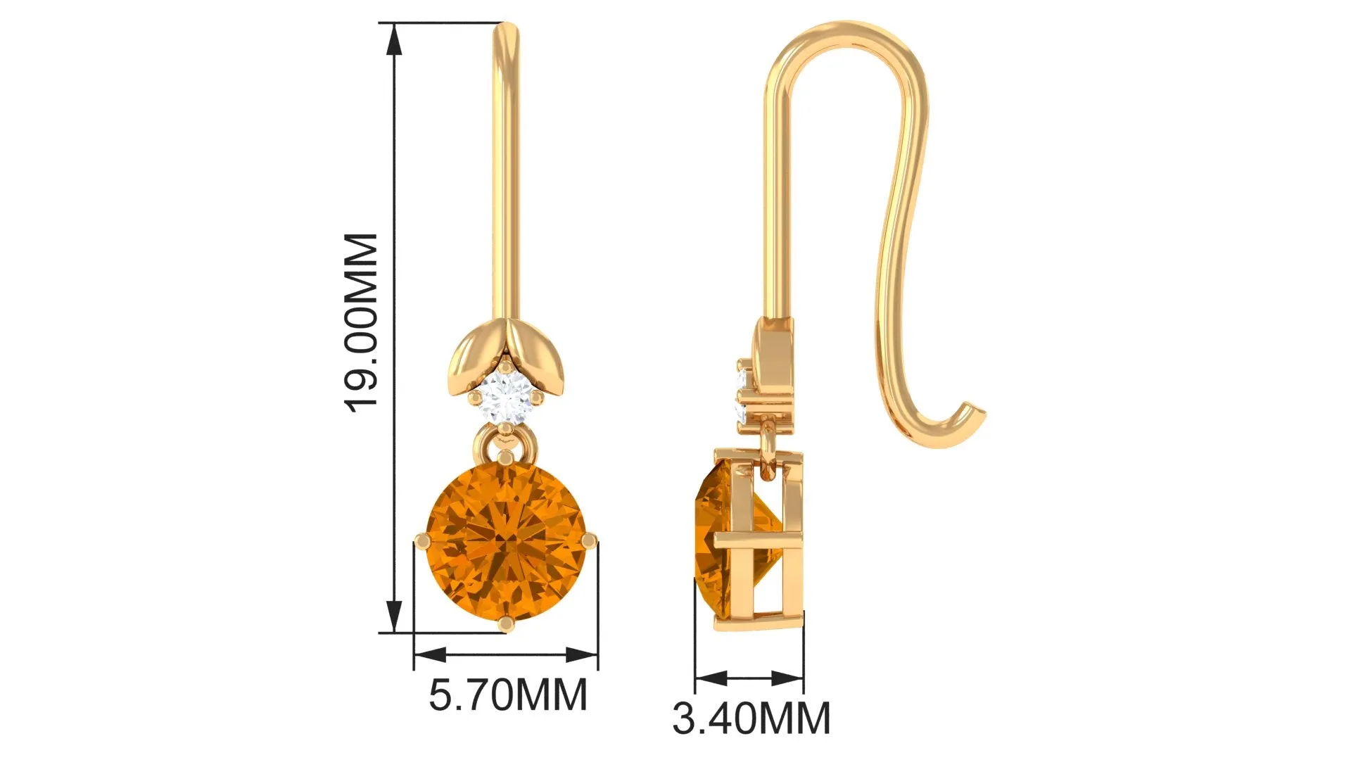 Simple Citrine Drop Diamond Earrings with fish hook