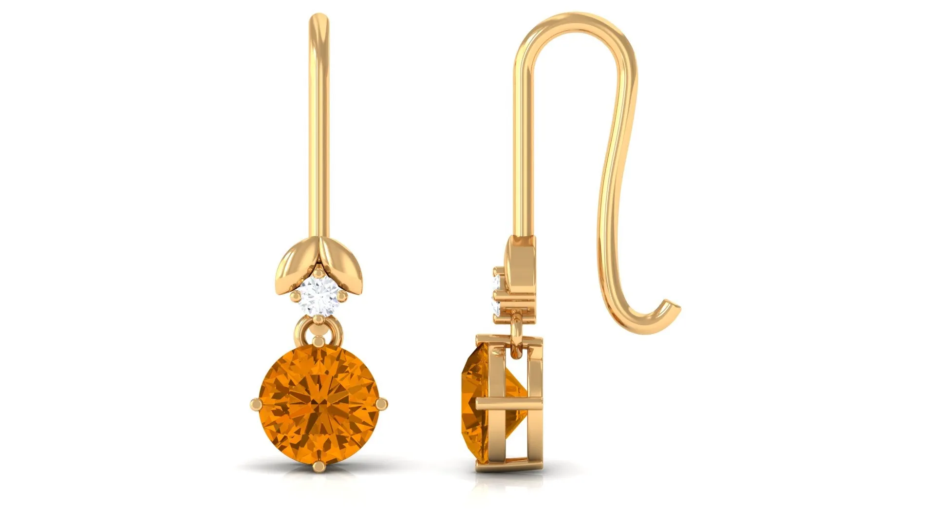 Simple Citrine Drop Diamond Earrings with fish hook