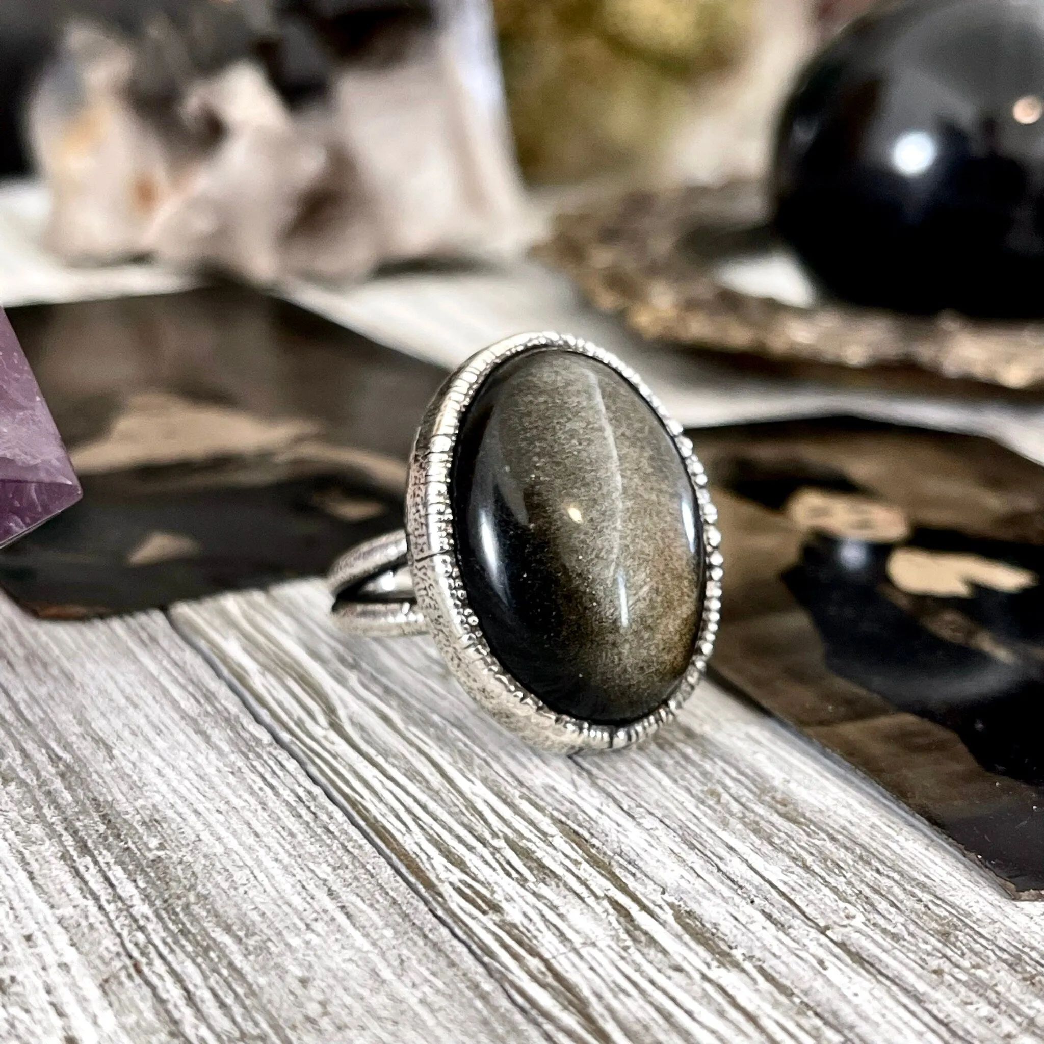 Size 6 Golden Sheen Obsidian Statement Ring in Fine Silver /  Foxlark Collection - One of a Kind