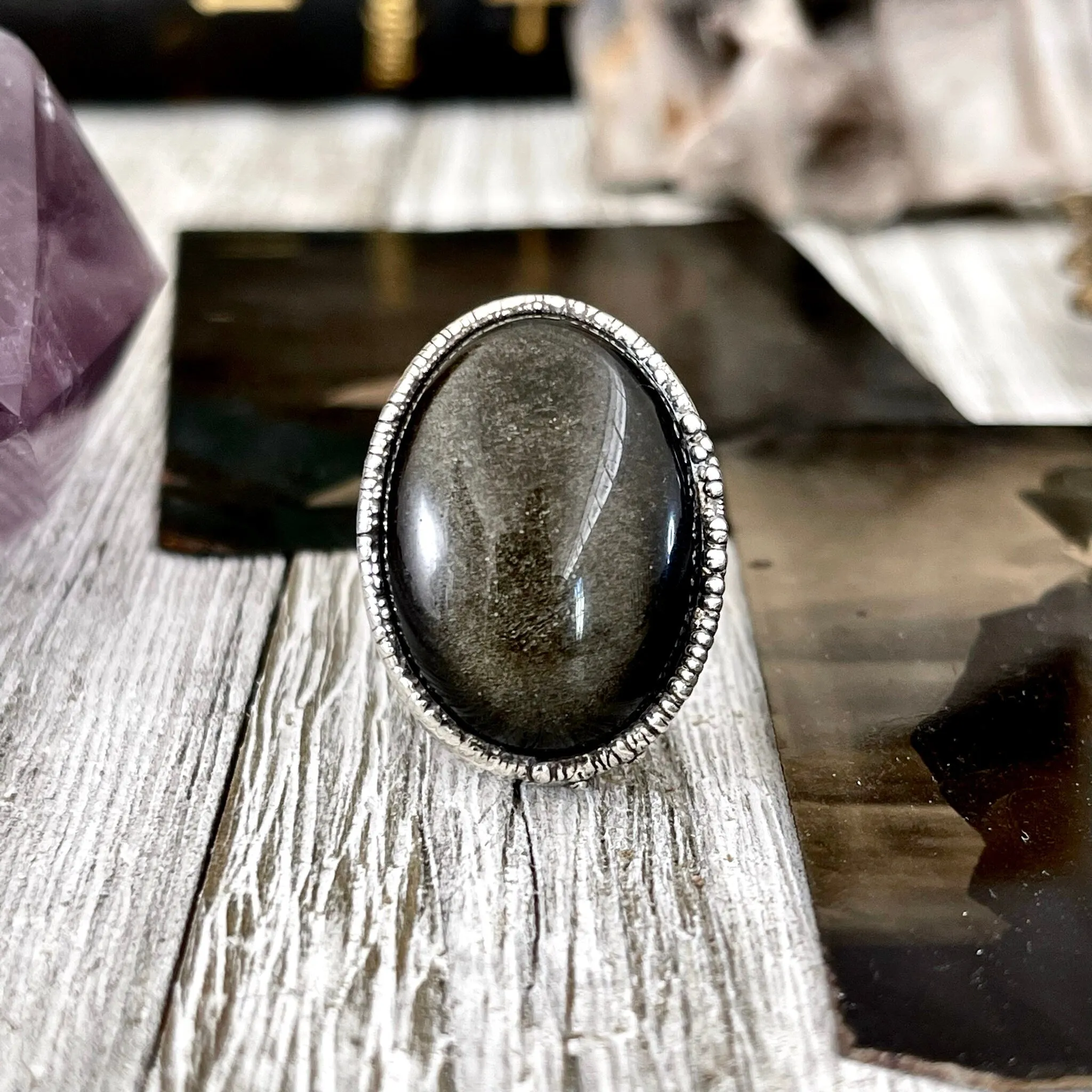 Size 6 Golden Sheen Obsidian Statement Ring in Fine Silver /  Foxlark Collection - One of a Kind