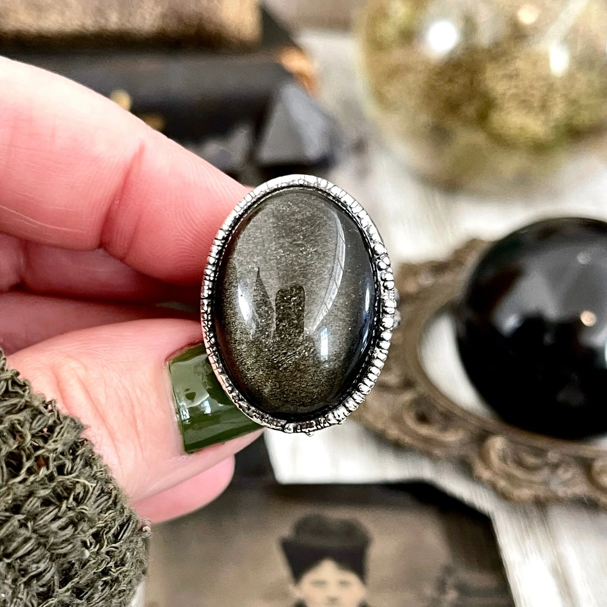 Size 6 Golden Sheen Obsidian Statement Ring in Fine Silver /  Foxlark Collection - One of a Kind