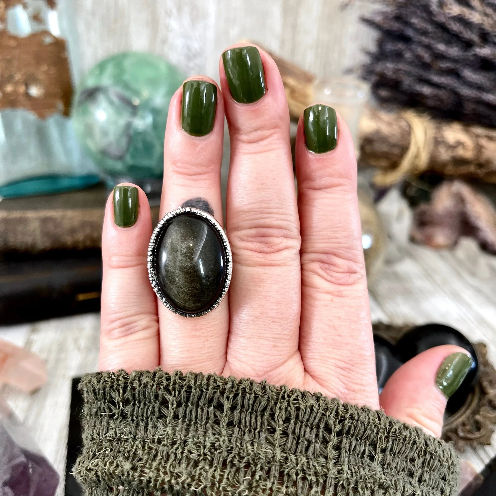 Size 6 Golden Sheen Obsidian Statement Ring in Fine Silver /  Foxlark Collection - One of a Kind