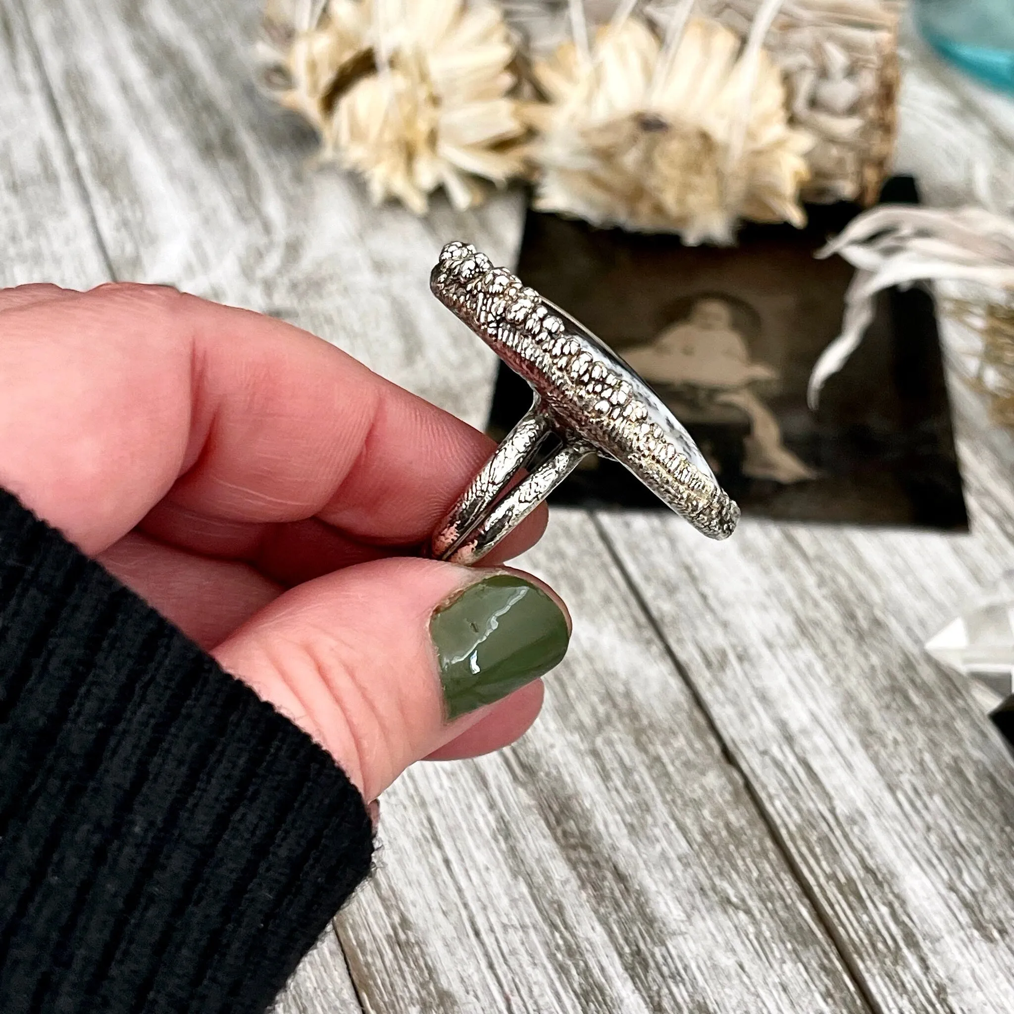 Size 7 Dendritic Agate Large Crystal Ring in Fine Silver for Woman /  Foxlark Collection - One of a Kind