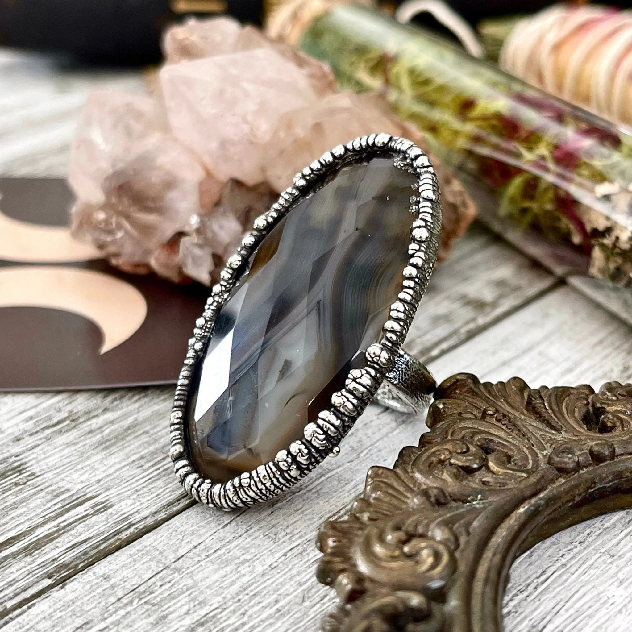 Size 8 Silver Montana Moss Agate Statement Ring /  Large Crystal Bohemian Dendritic Agate Ring