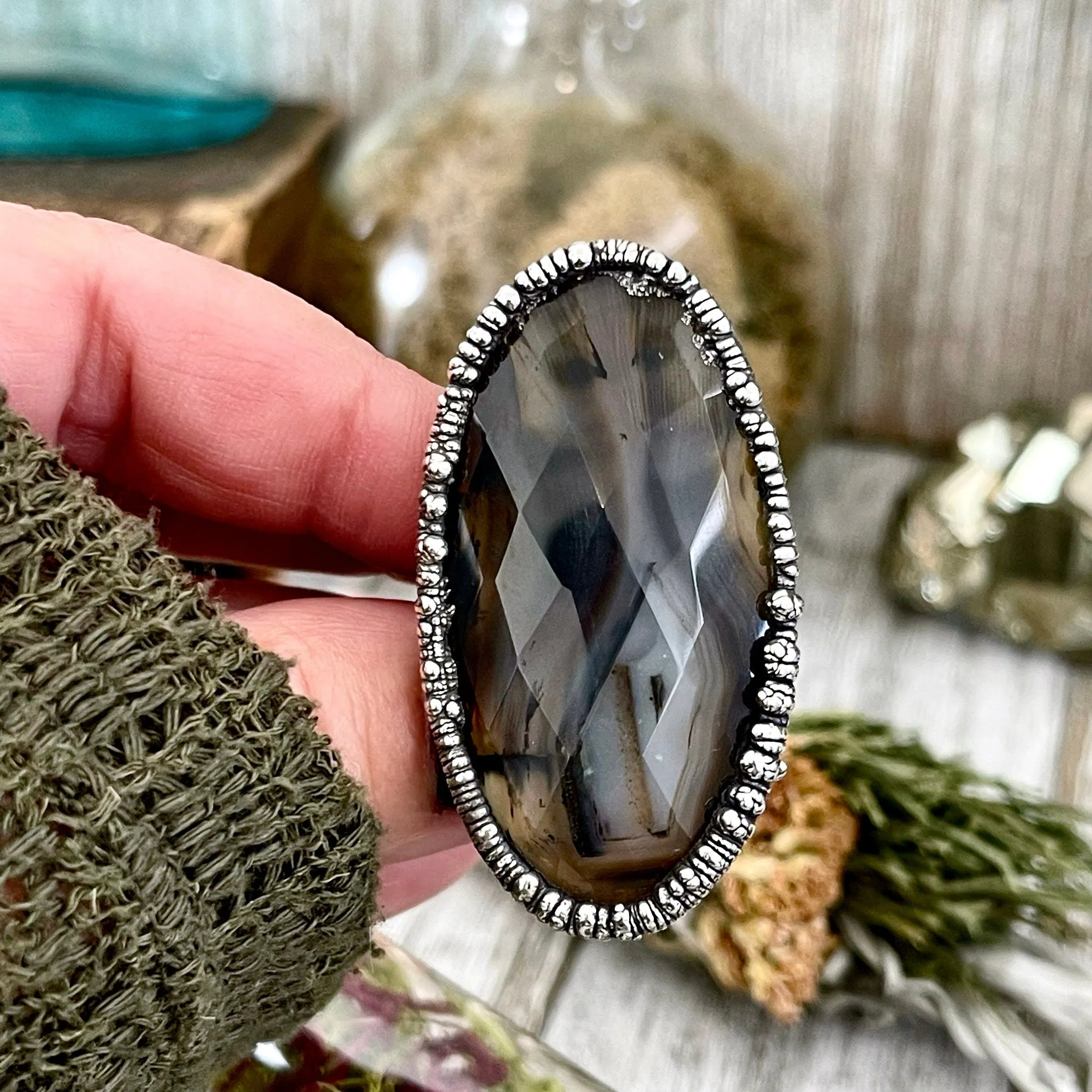 Size 8 Silver Montana Moss Agate Statement Ring /  Large Crystal Bohemian Dendritic Agate Ring