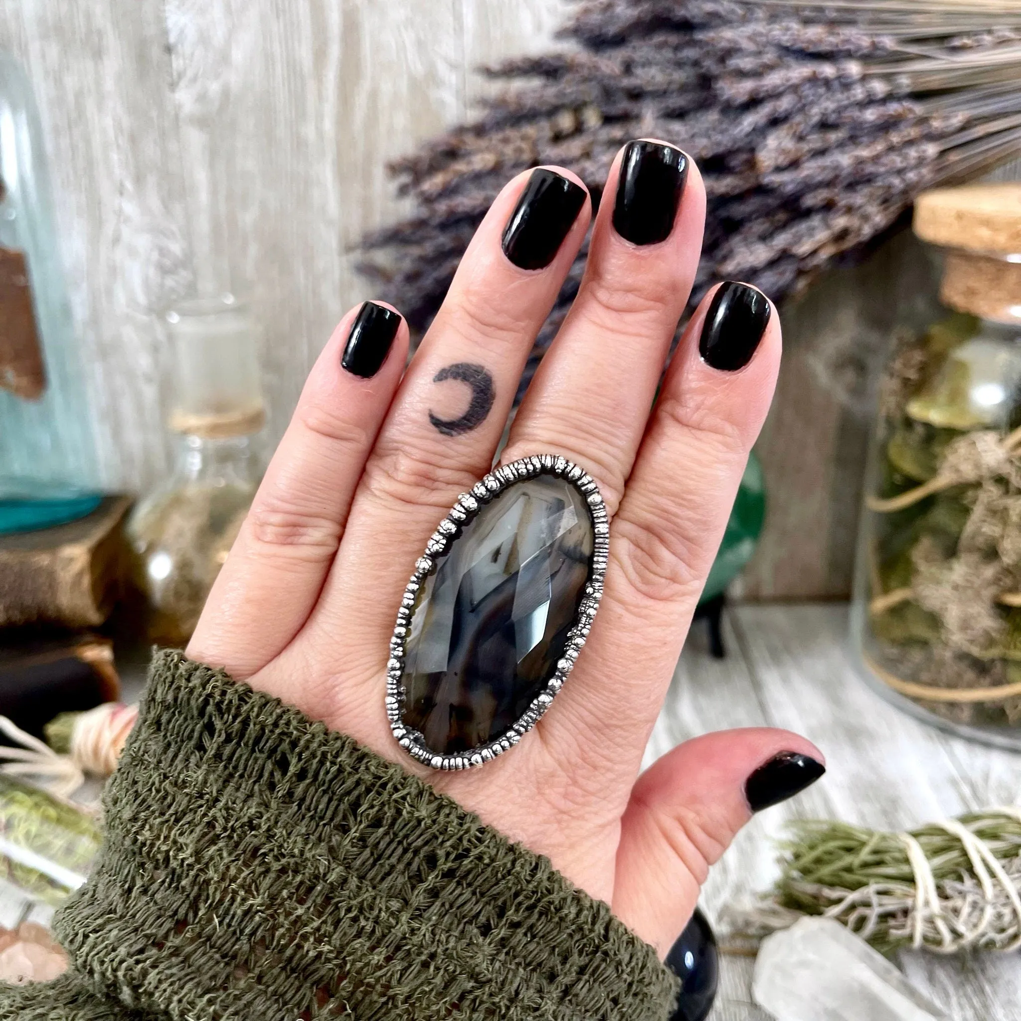 Size 8 Silver Montana Moss Agate Statement Ring /  Large Crystal Bohemian Dendritic Agate Ring