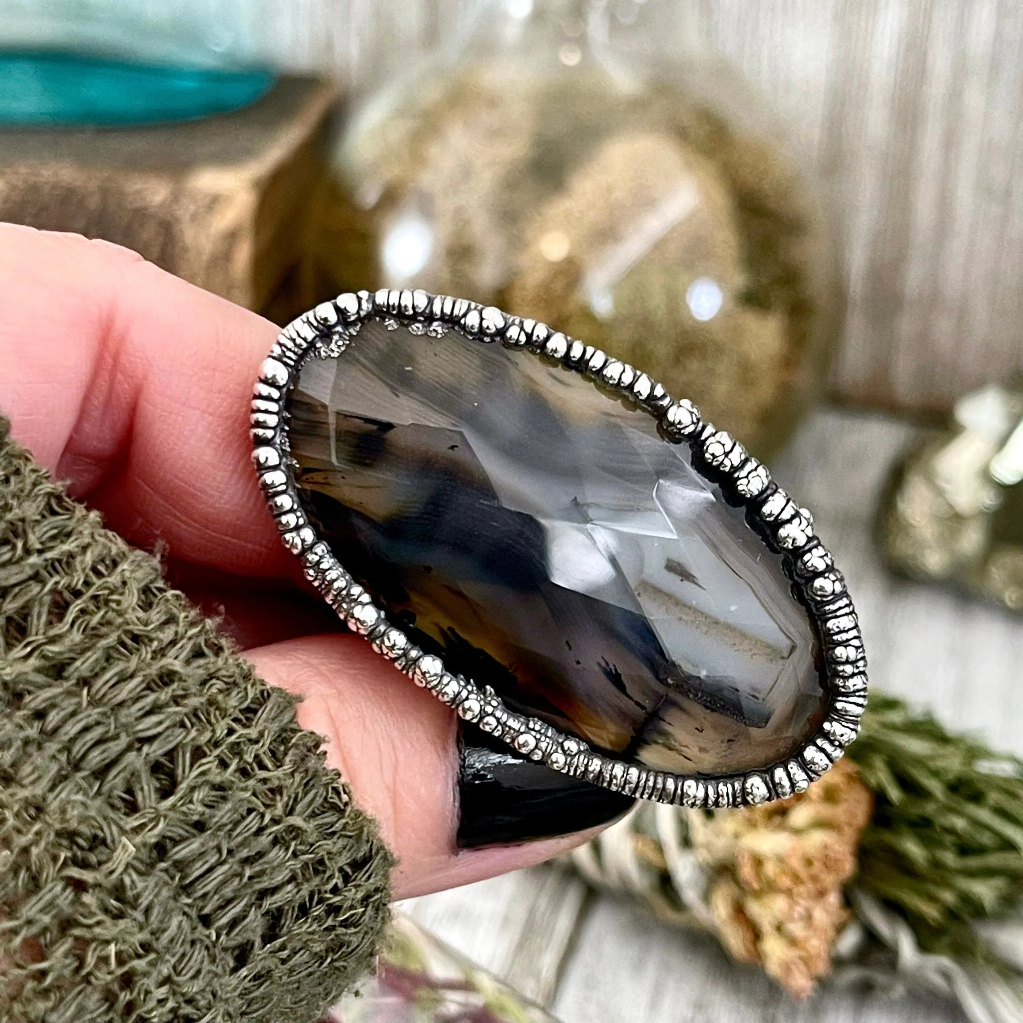 Size 8 Silver Montana Moss Agate Statement Ring /  Large Crystal Bohemian Dendritic Agate Ring