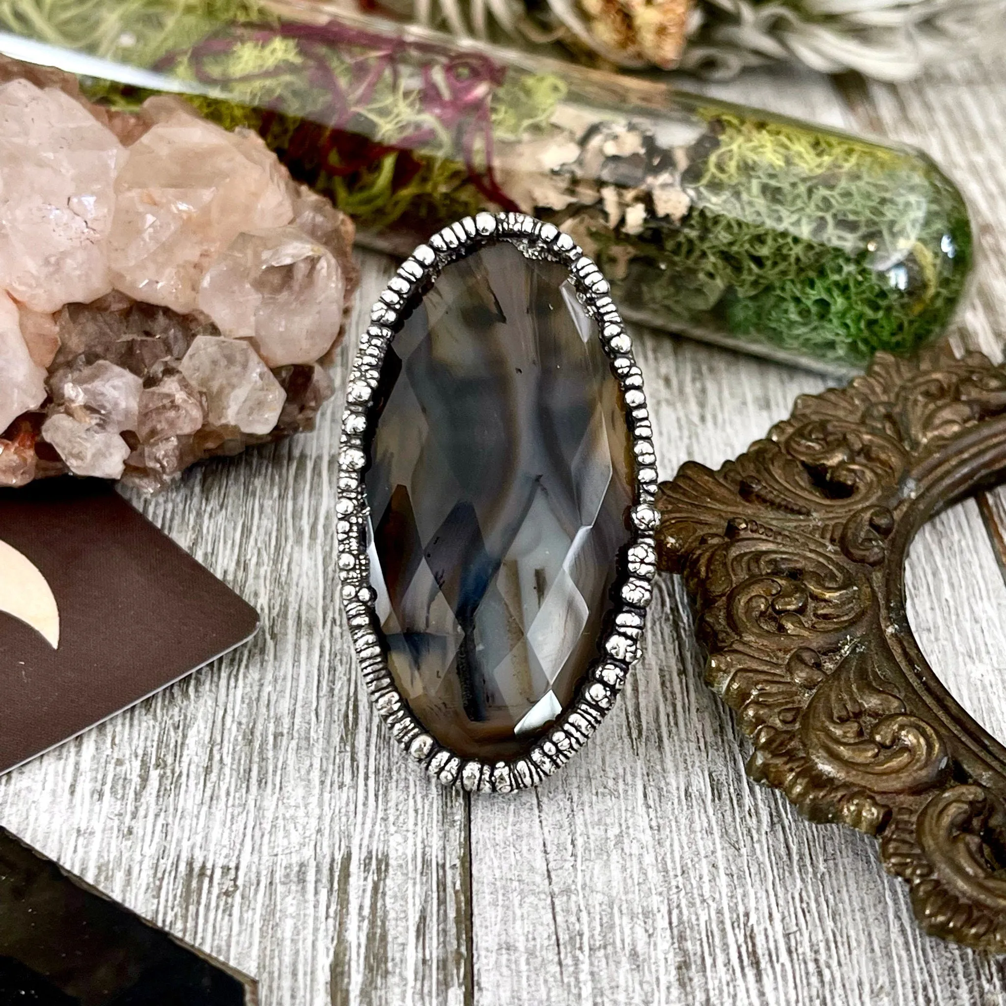 Size 8 Silver Montana Moss Agate Statement Ring /  Large Crystal Bohemian Dendritic Agate Ring