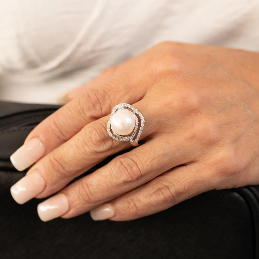 Sterling Silver Rhodium Plated 12-12.5mm White FW Button Pearl & CZ Ring