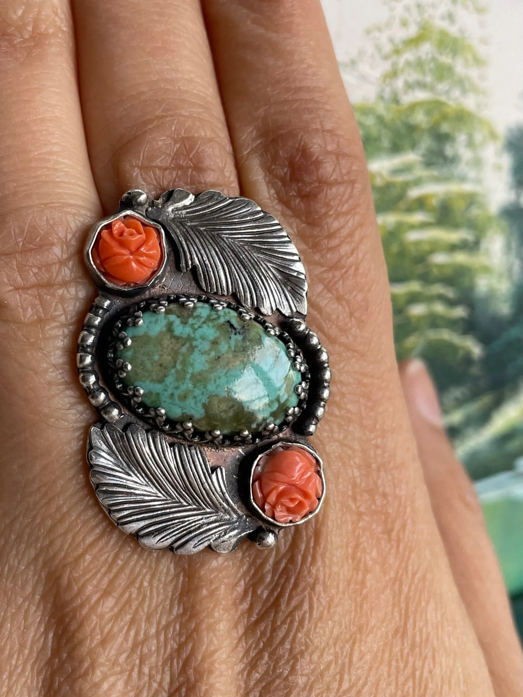 Stunning Turquoise and Carved Coral Roses Ring. Adjustable Size.