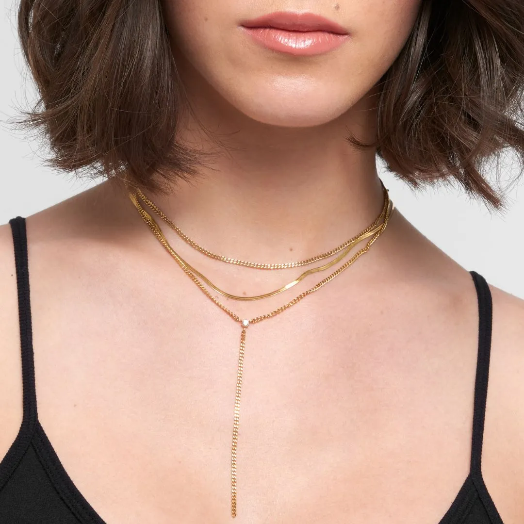 Tarnish Resistant 14k Gold Plated Adjustable Curb Chain and Herringbone Lariat Y-Necklace Set