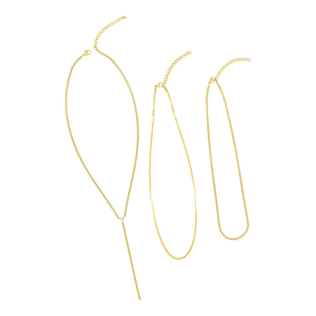 Tarnish Resistant 14k Gold Plated Adjustable Curb Chain and Herringbone Lariat Y-Necklace Set