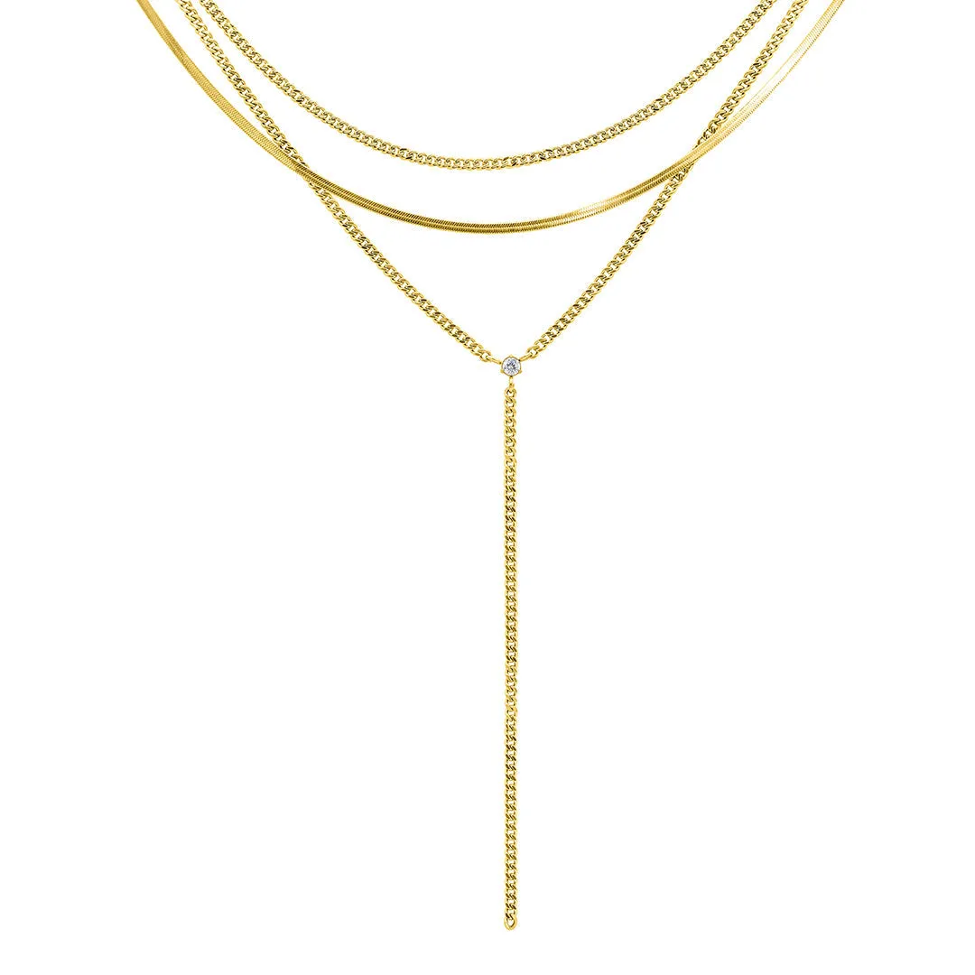 Tarnish Resistant 14k Gold Plated Adjustable Curb Chain and Herringbone Lariat Y-Necklace Set