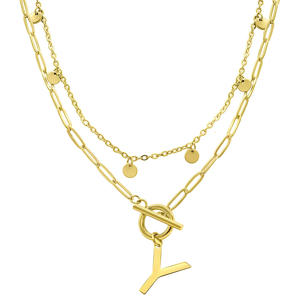 Tarnish Resistant 14k Gold Plated Confetti And Paperclip Layered Initial Toggle Necklace