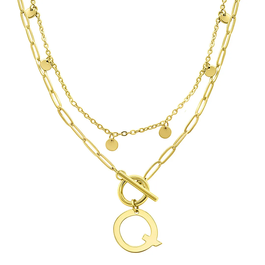 Tarnish Resistant 14k Gold Plated Confetti And Paperclip Layered Initial Toggle Necklace