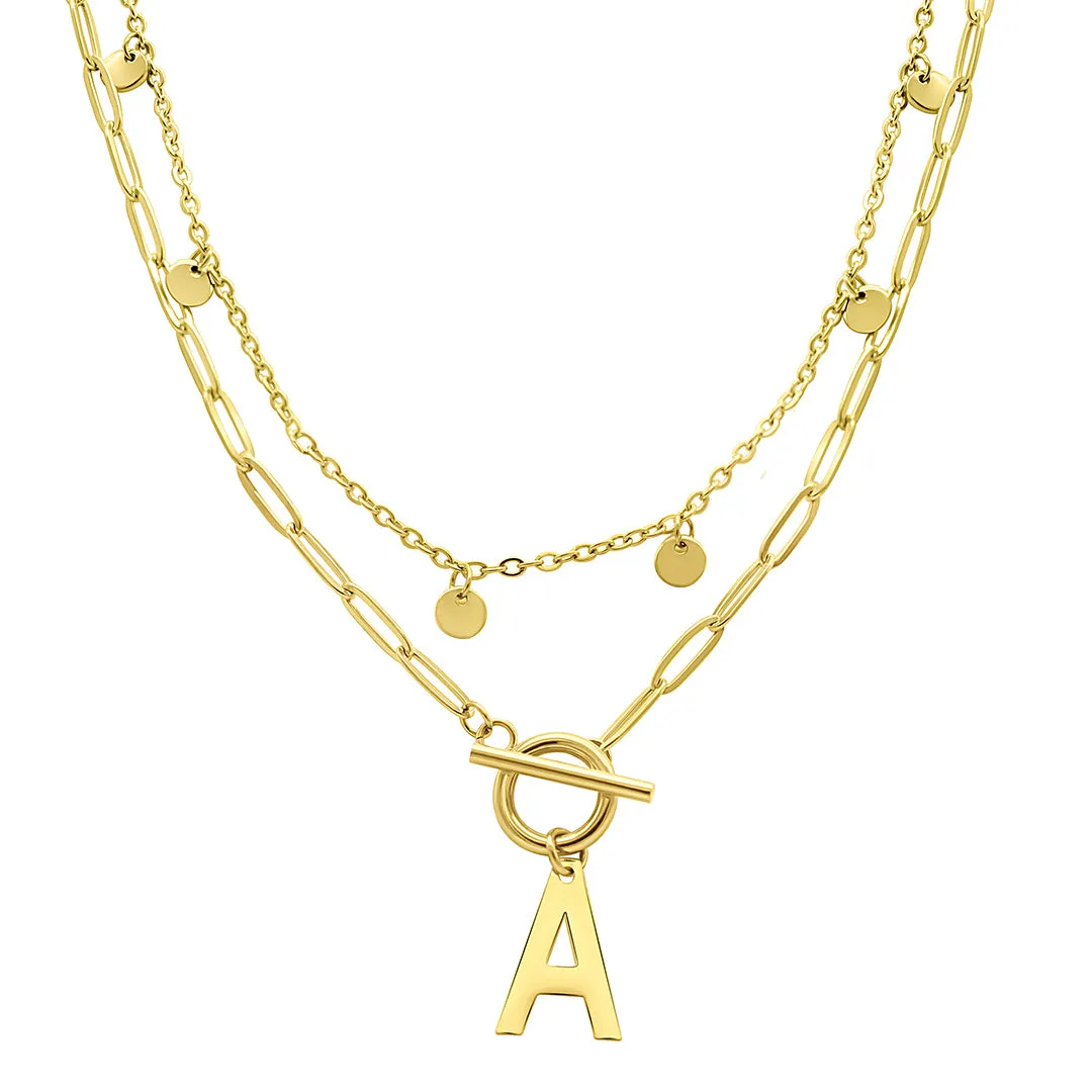 Tarnish Resistant 14k Gold Plated Confetti And Paperclip Layered Initial Toggle Necklace