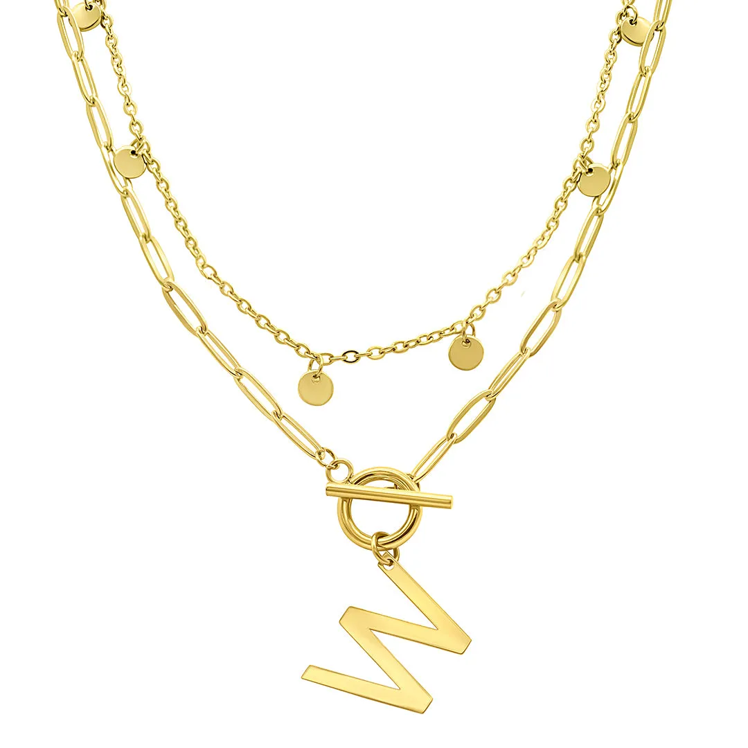 Tarnish Resistant 14k Gold Plated Confetti And Paperclip Layered Initial Toggle Necklace