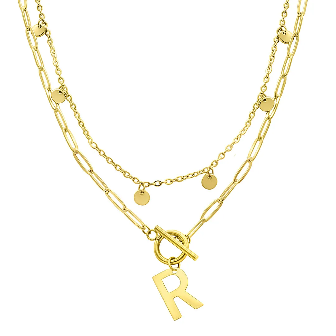 Tarnish Resistant 14k Gold Plated Confetti And Paperclip Layered Initial Toggle Necklace