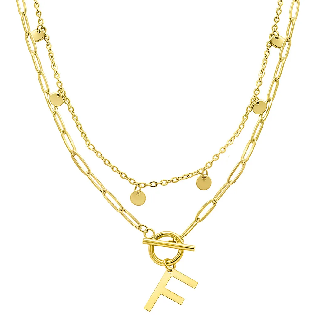 Tarnish Resistant 14k Gold Plated Confetti And Paperclip Layered Initial Toggle Necklace