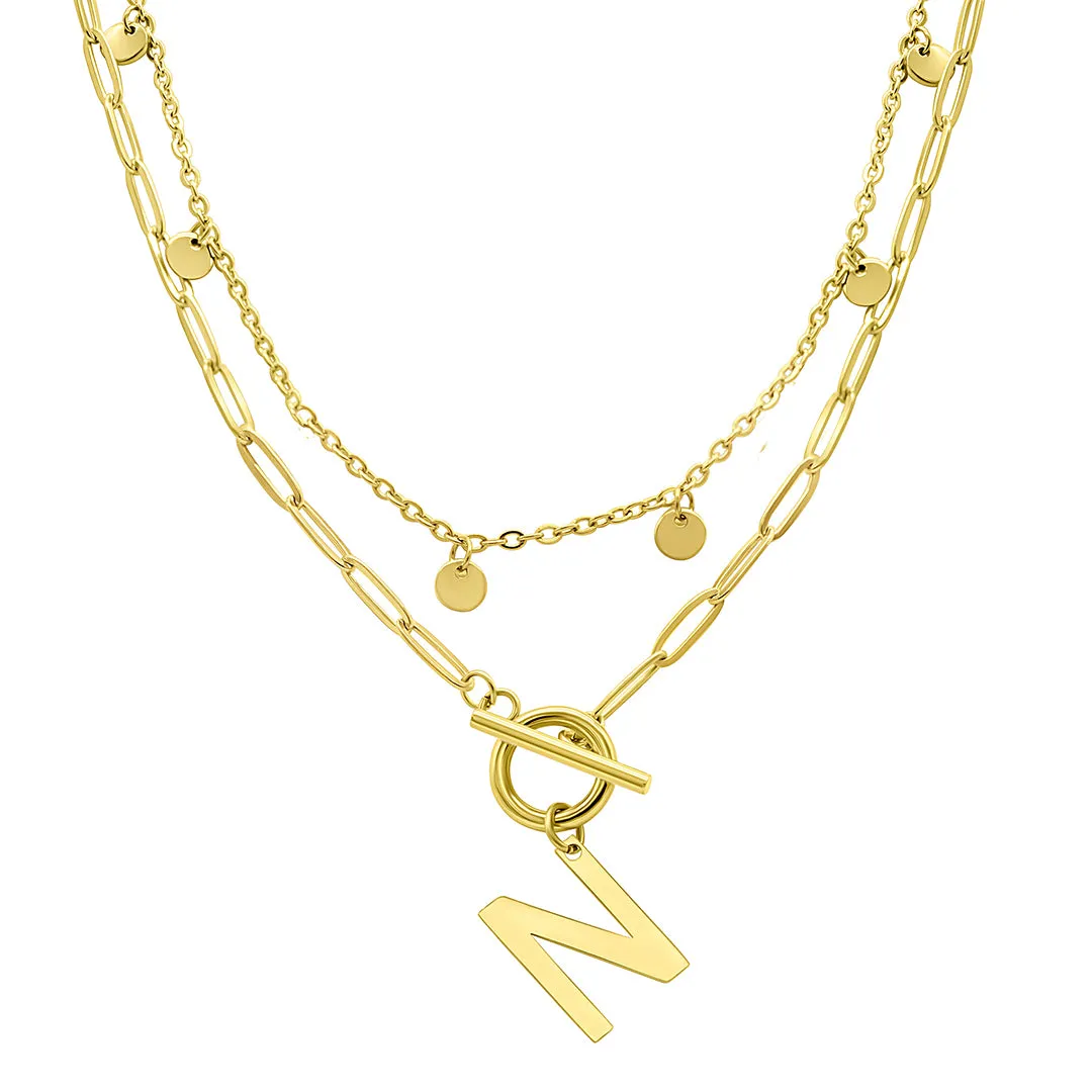 Tarnish Resistant 14k Gold Plated Confetti And Paperclip Layered Initial Toggle Necklace