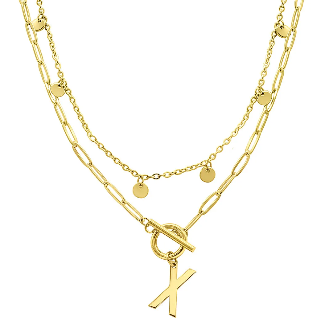 Tarnish Resistant 14k Gold Plated Confetti And Paperclip Layered Initial Toggle Necklace