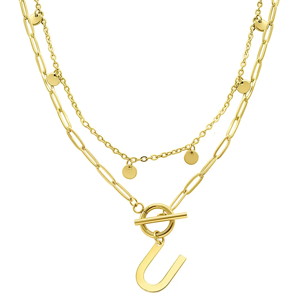 Tarnish Resistant 14k Gold Plated Confetti And Paperclip Layered Initial Toggle Necklace