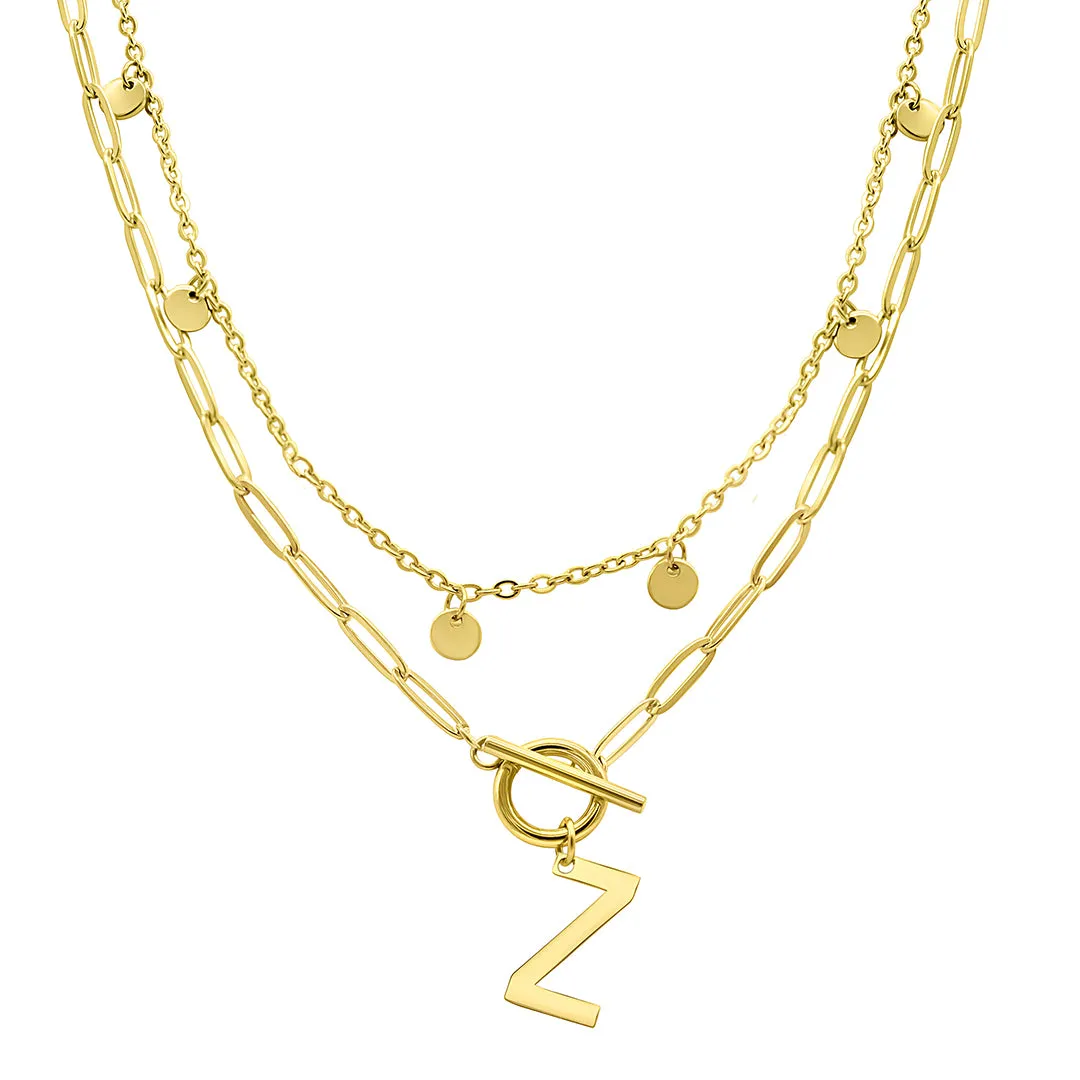 Tarnish Resistant 14k Gold Plated Confetti And Paperclip Layered Initial Toggle Necklace