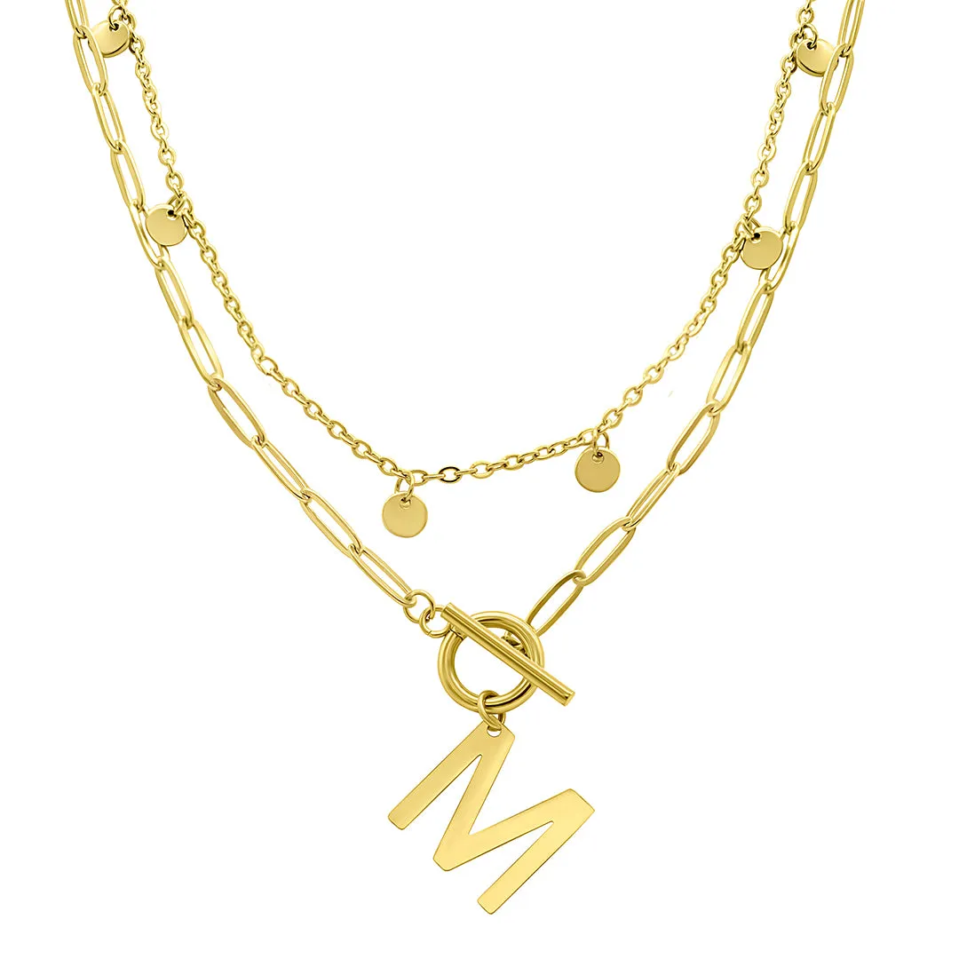 Tarnish Resistant 14k Gold Plated Confetti And Paperclip Layered Initial Toggle Necklace