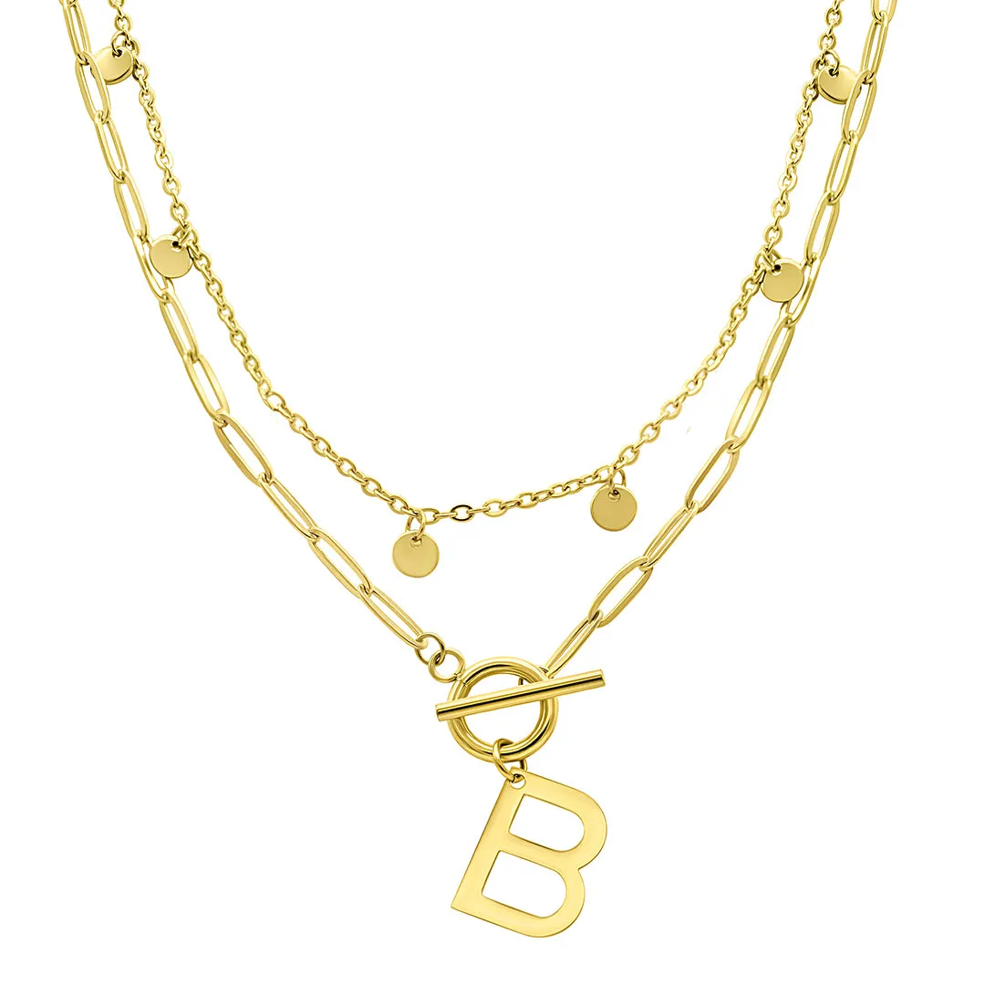 Tarnish Resistant 14k Gold Plated Confetti And Paperclip Layered Initial Toggle Necklace