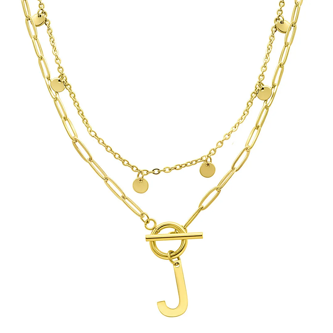 Tarnish Resistant 14k Gold Plated Confetti And Paperclip Layered Initial Toggle Necklace