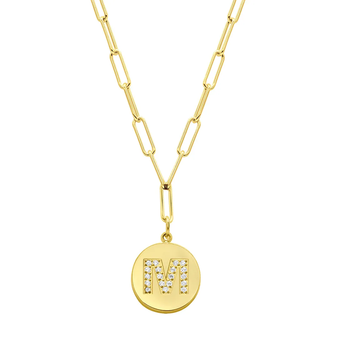 Tarnish Resistant 14k Gold Plated Pave Crystal Initial Disc Paperclip Necklace