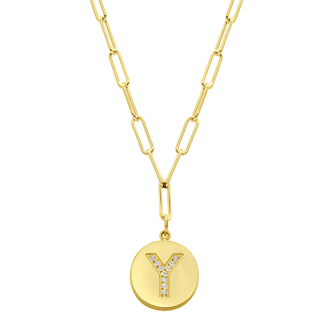 Tarnish Resistant 14k Gold Plated Pave Crystal Initial Disc Paperclip Necklace