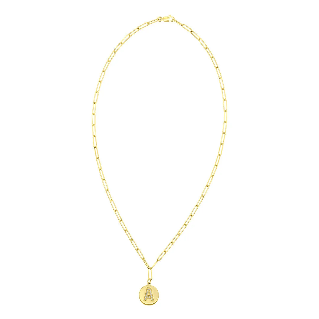 Tarnish Resistant 14k Gold Plated Pave Crystal Initial Disc Paperclip Necklace