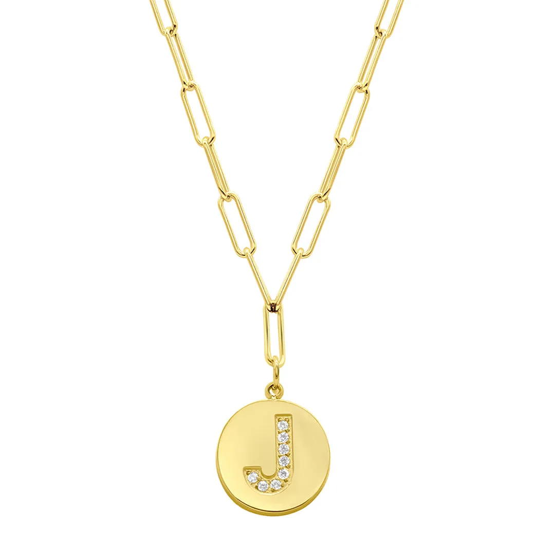 Tarnish Resistant 14k Gold Plated Pave Crystal Initial Disc Paperclip Necklace