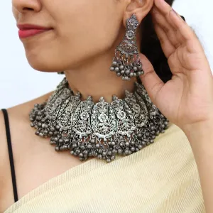 Teejh Shreejal Antique Silver Oxidised Necklace Set