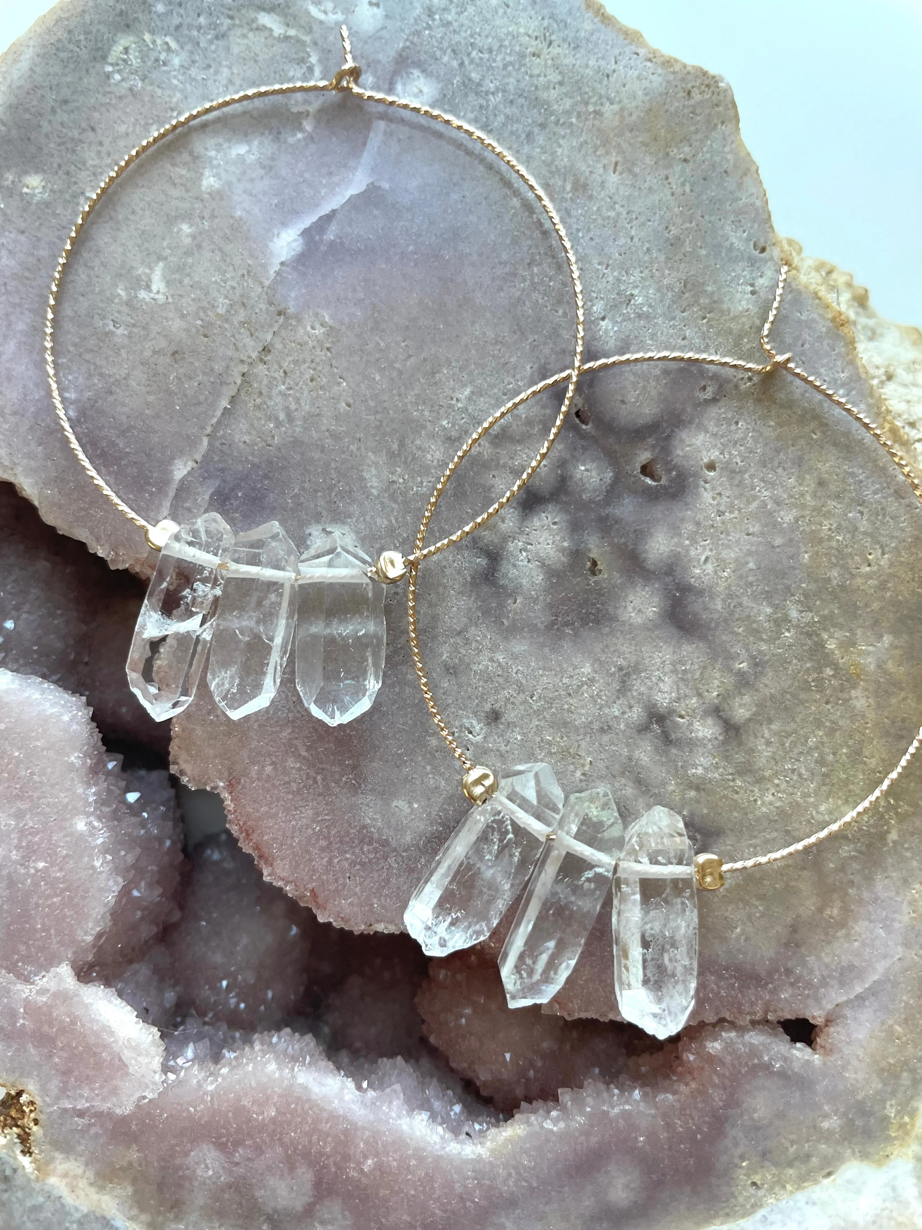 Thin Clear Quartz Boho Hoops