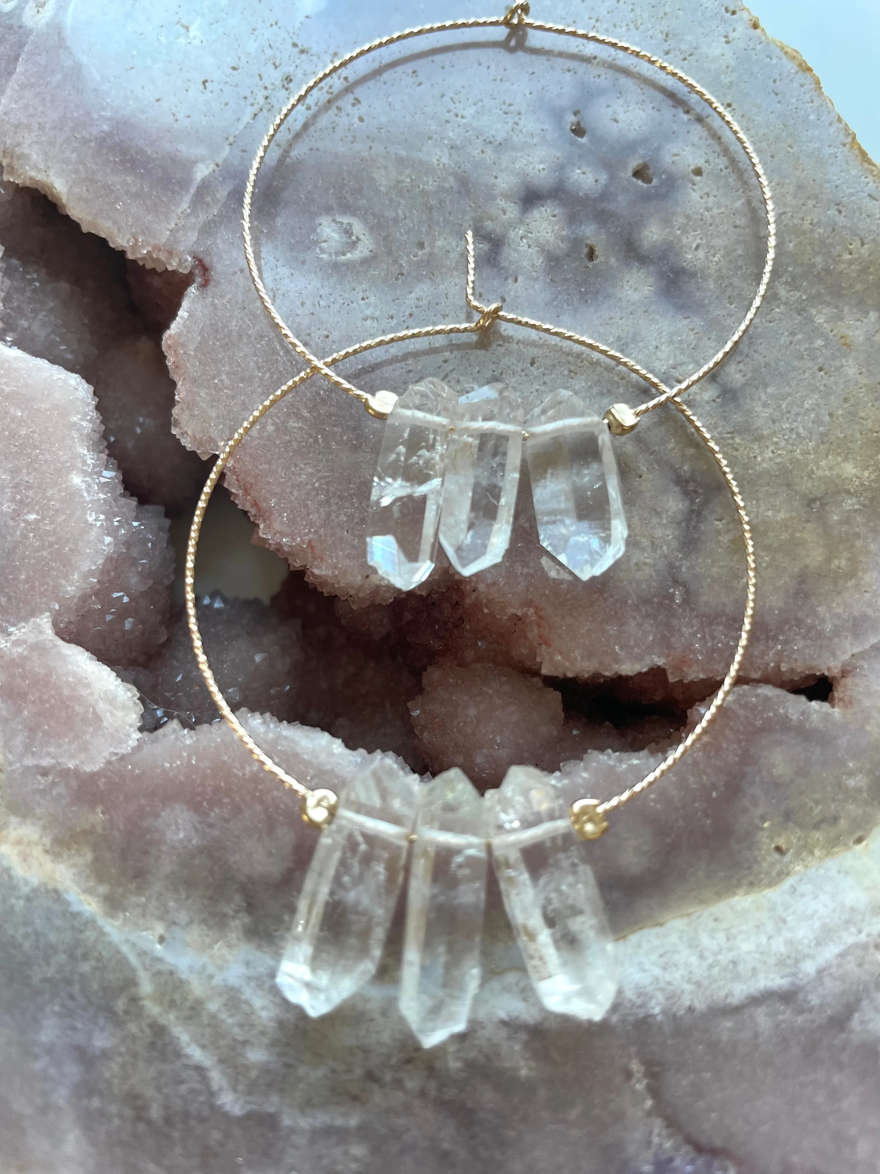 Thin Clear Quartz Boho Hoops