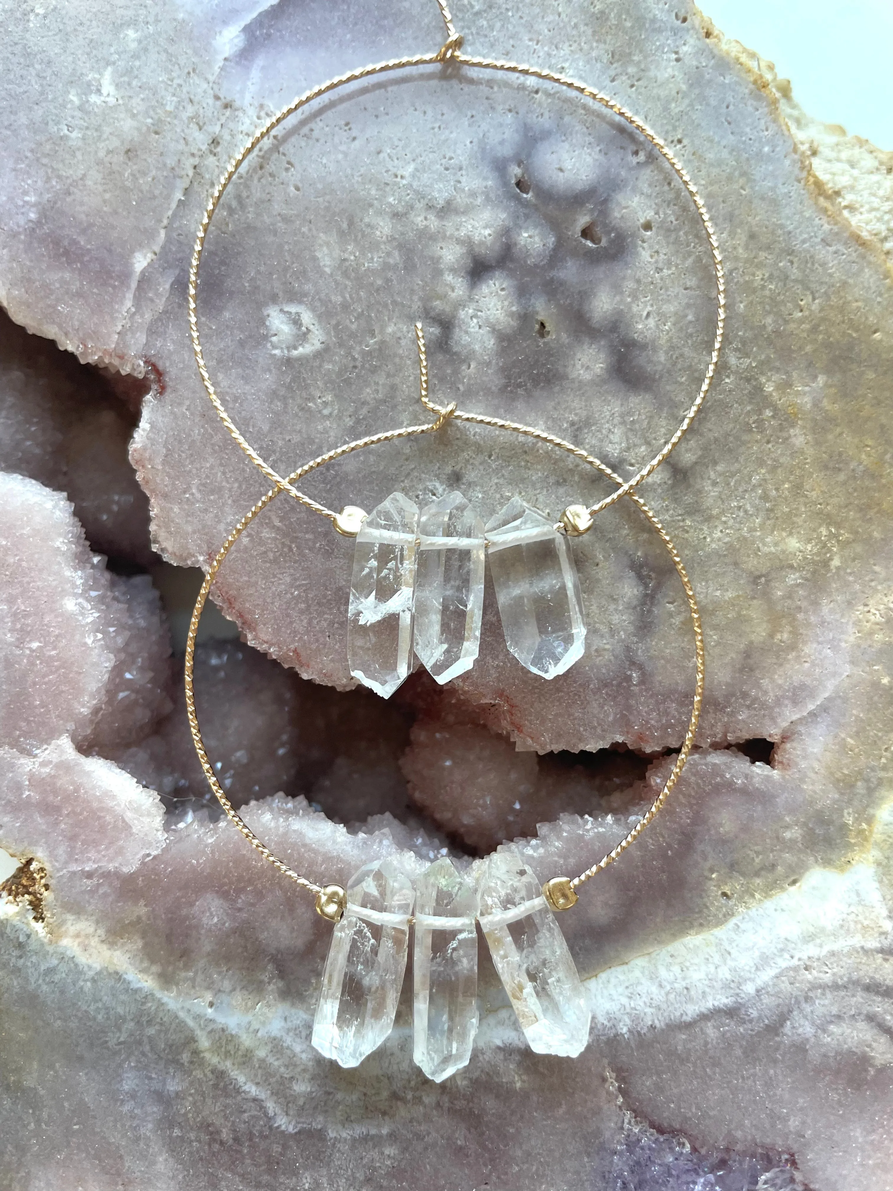 Thin Clear Quartz Boho Hoops