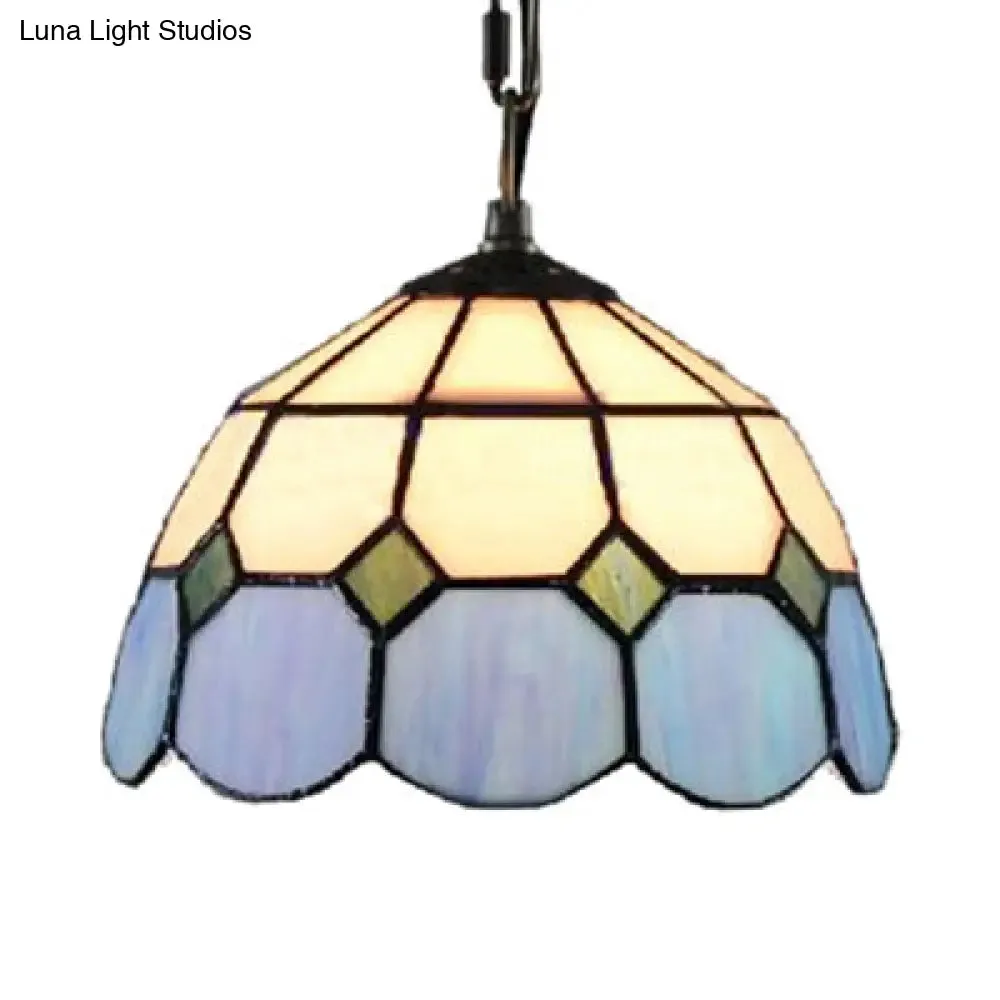 Tiffany-Style Bowl Pendant Light in Blue and White - Single Bulb Stained Glass Hanging Lamp