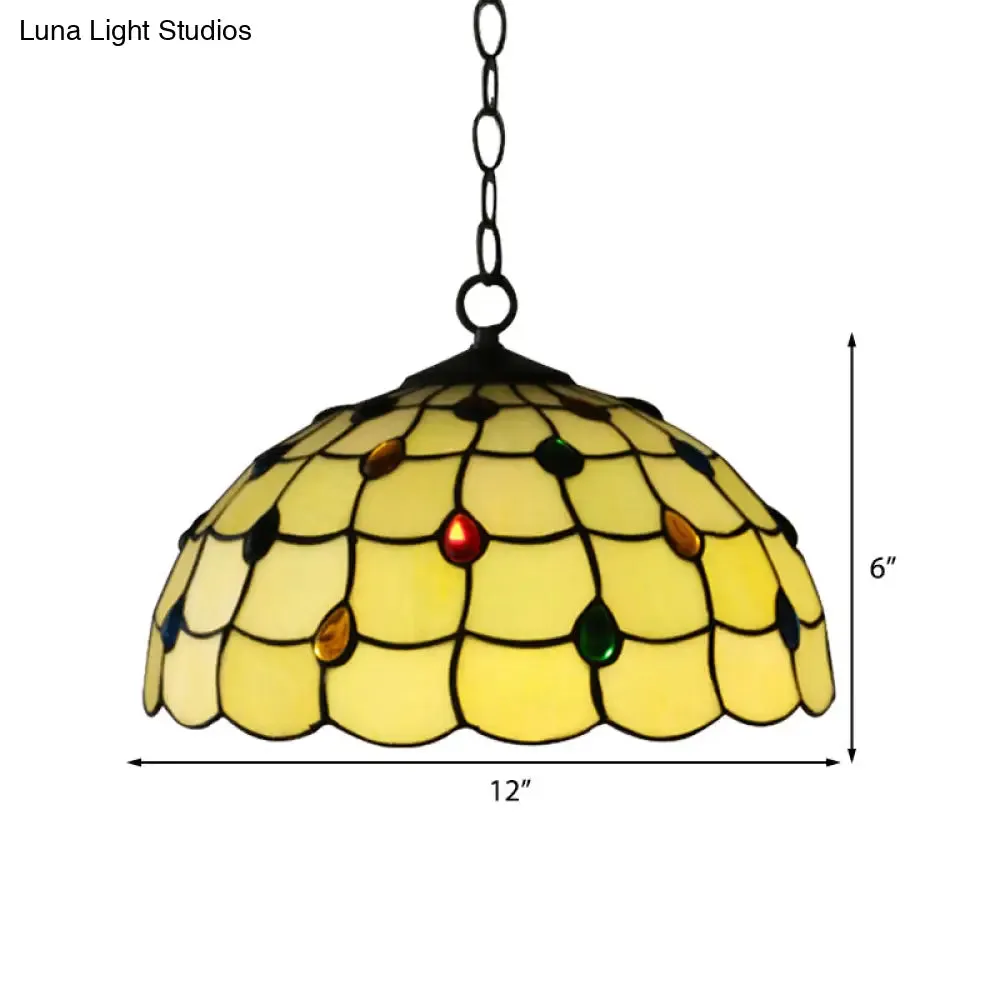 Tiffany-Style Stained Glass Pendant Lamp – Elegant 1-Head White Fixture with Jewel for Bathrooms