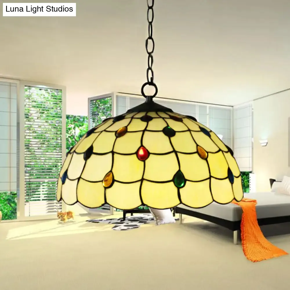 Tiffany-Style Stained Glass Pendant Lamp – Elegant 1-Head White Fixture with Jewel for Bathrooms