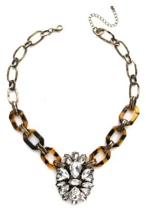 Tortoise & Crystal Pendant Statement Necklace- Brass Chain