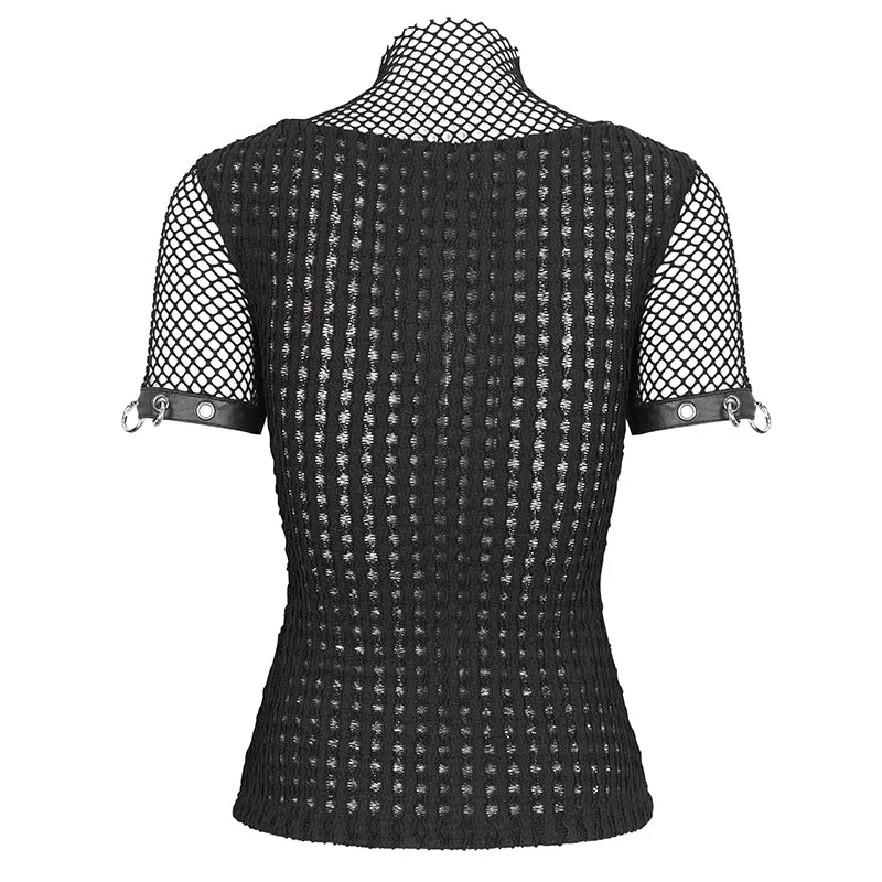 TT265 Punk big diamond mesh striped embossed knitted women's T-shirt