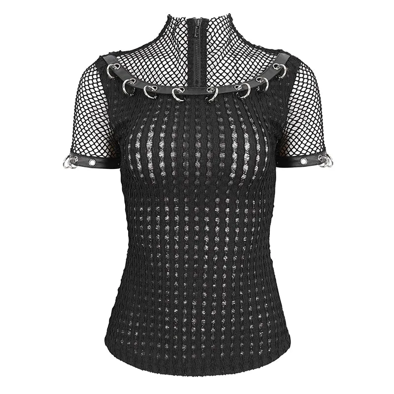 TT265 Punk big diamond mesh striped embossed knitted women's T-shirt