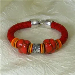 Unisex Red Braided Leather Bracelet Kazuri Bead Accents