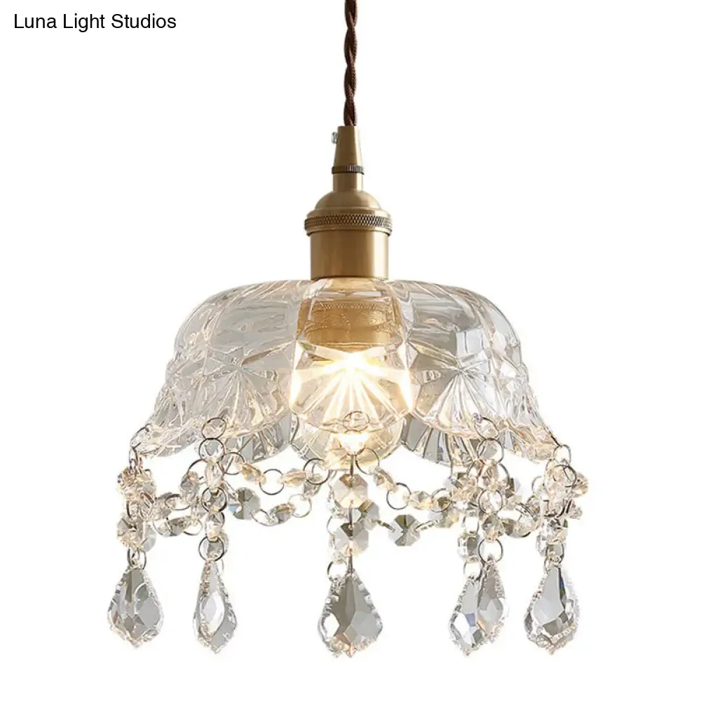 Vintage Brass Pendant Light with Clear Glass Shade and Crystal Drip - Floral inspired Dining Room Suspension Light